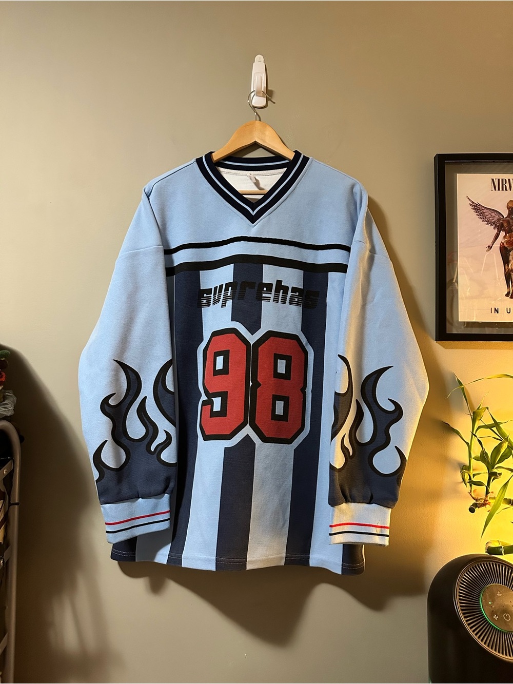 Light Blue Graphic Hockey-Style Long Sleeve Shirt with Red 98